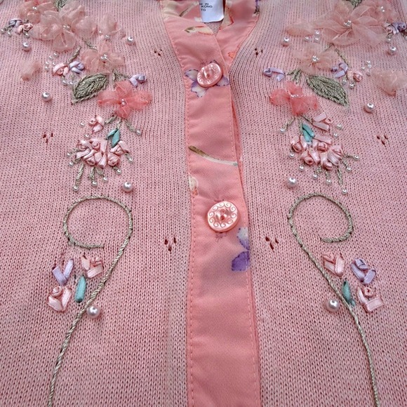 Vintage '90s Jantzen Classics Pink Embroidered Button Cardigan Sweater XL - Picture 2 of 4